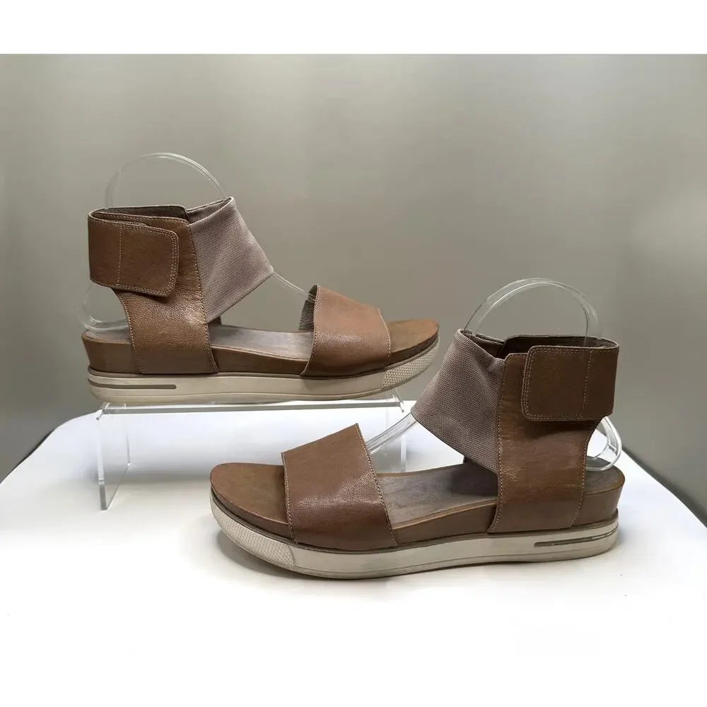 EILEEN FISHER Sandal Spree Sport Size 9 Tan Leather Stretch Mesh Ankle Strap